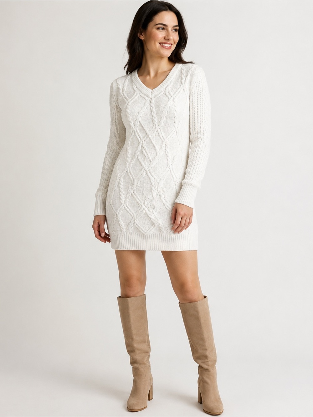 White Cable Knit V-Neck Sweater Mini Dress Est Medium
